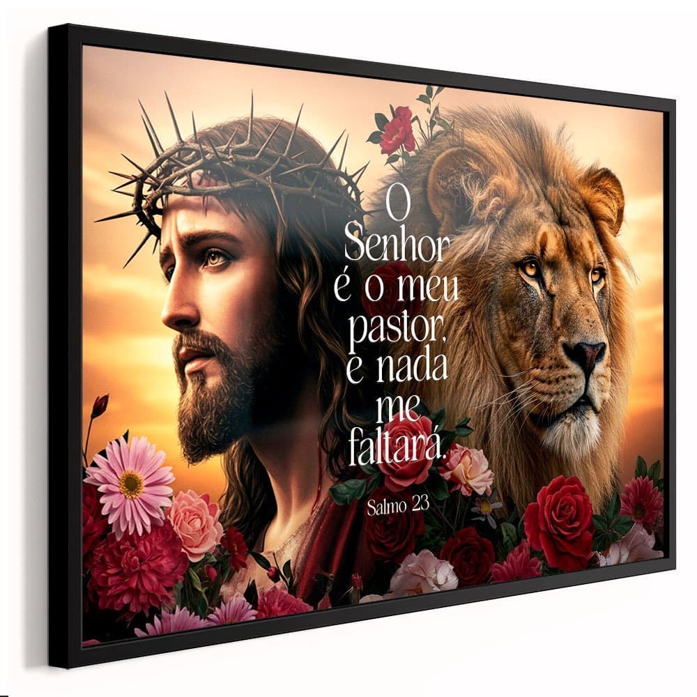 Quadro Decorativo 1 Peça Rosto Jesus Cristo e Leão Frase O Senhor é Meu Pastor Salmo Decoração P/ Sala Quarto