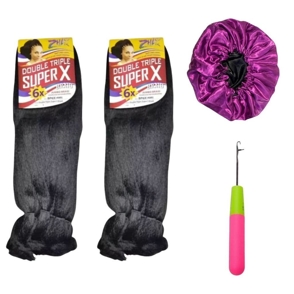 Cabelo Jumbo Super X Para Trança + Agulha para Crochet e Touca de cetim