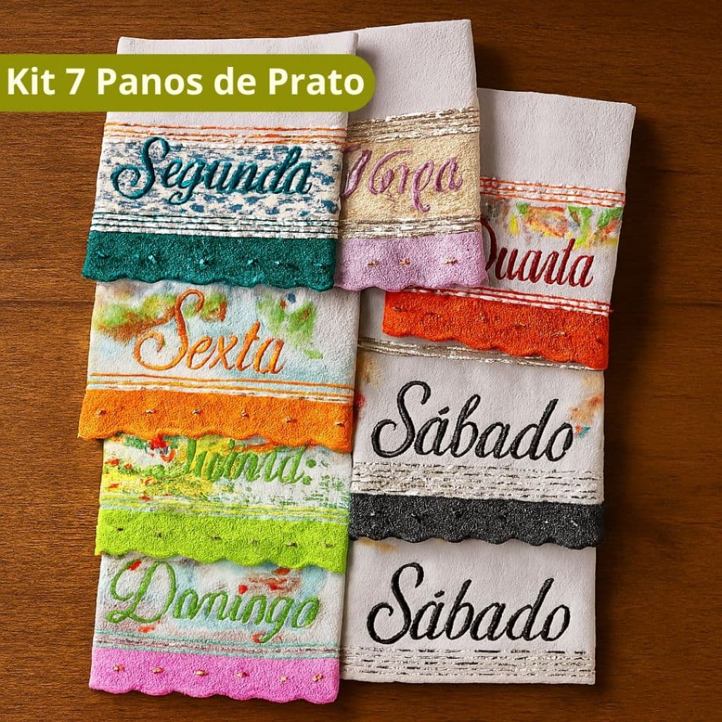 Kit 7 Panos de Prato Semaninha Bordado 45cm x 75cm 100% Algodão