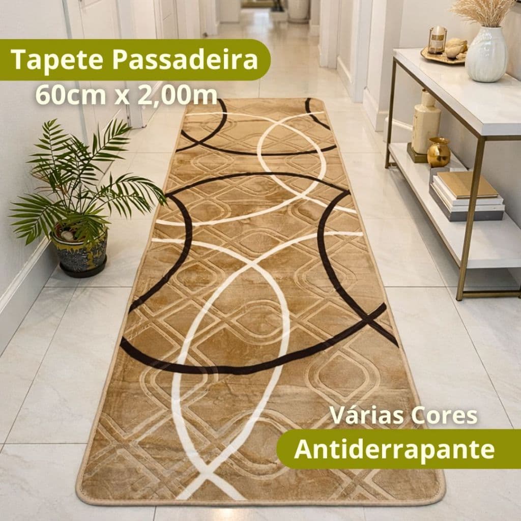Tapete Passadeira 60cm x 2,00m Antiderrapante Geométrico Luxo Para Corredor Sala e Cozinha