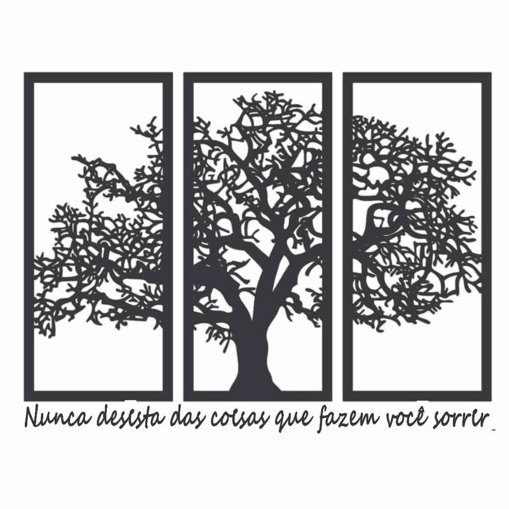 Quadro Decorativo de parede Árvore da Vida em MDF 3mm preto fosco kit 3 quadros+frase
