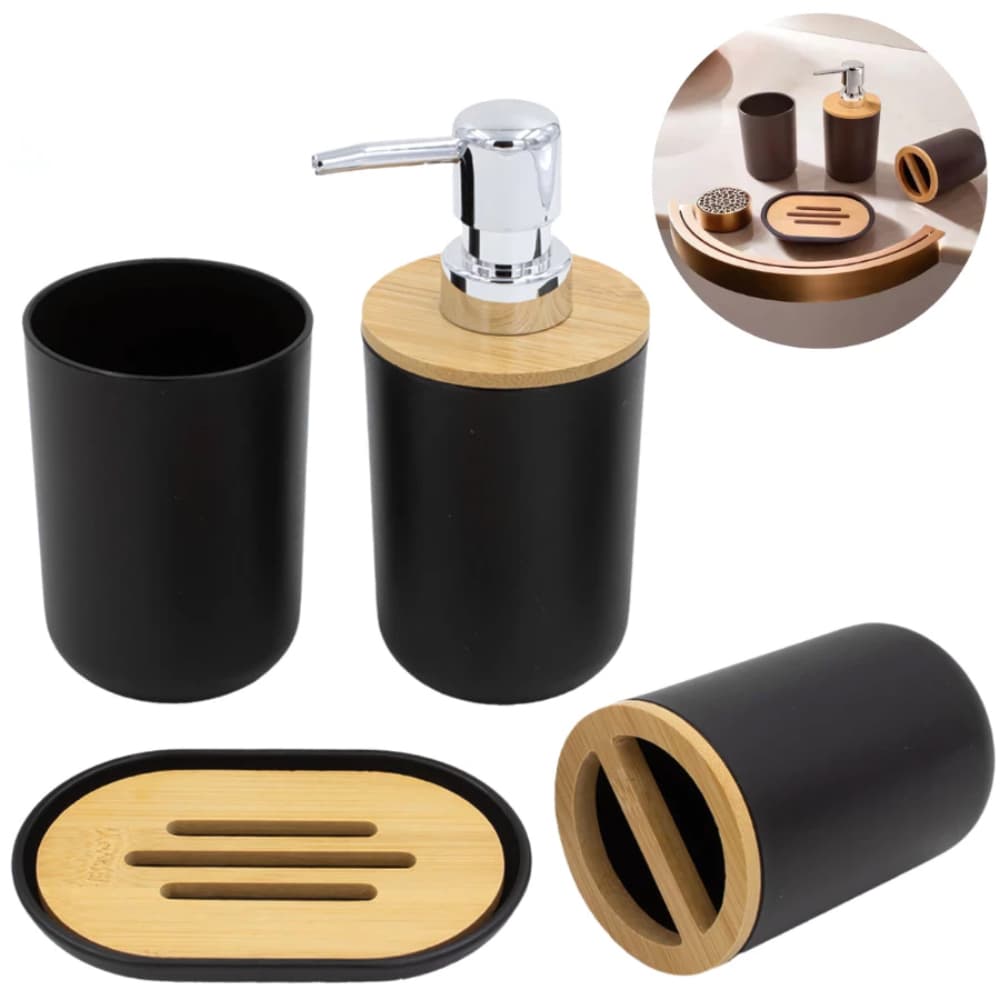 Kit Banheiro Preto e Branco 4 Peças em Bambu – Saboneteira, Porta Escova, Dispenser e Copo Top