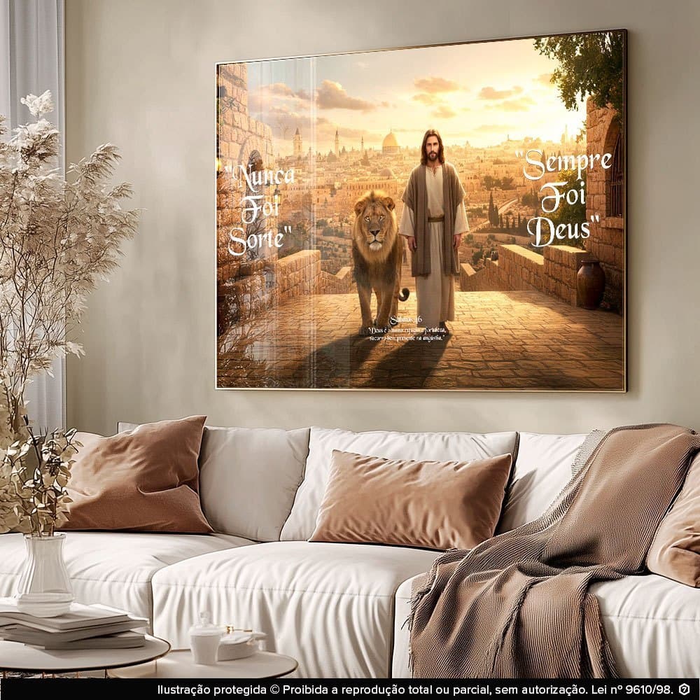 Quadro Decorativo 1 Peça Jesus Caminhando em Jerusalém Com Leão ao Seu Lado Decoração P/ Sala Quarto