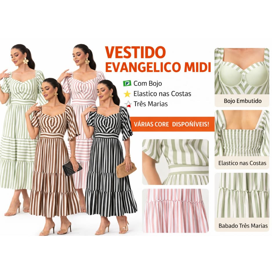 Vestido Evangélico Longo Feminino Listrado com Bojo, Elástico nas Costas e Manga Flare
