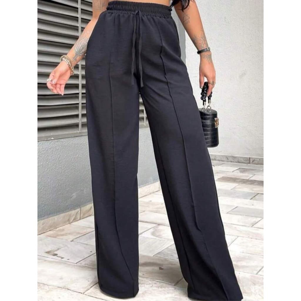 Calça Feminina Pantalona Duna Cintura Elástica Com Bolso Cintura Alta