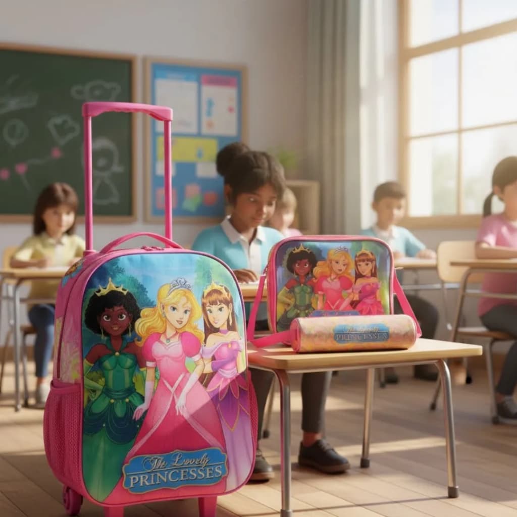 Kit Mochila Infantil Escolar com 3 peças Princesas Lancheira Estoujo