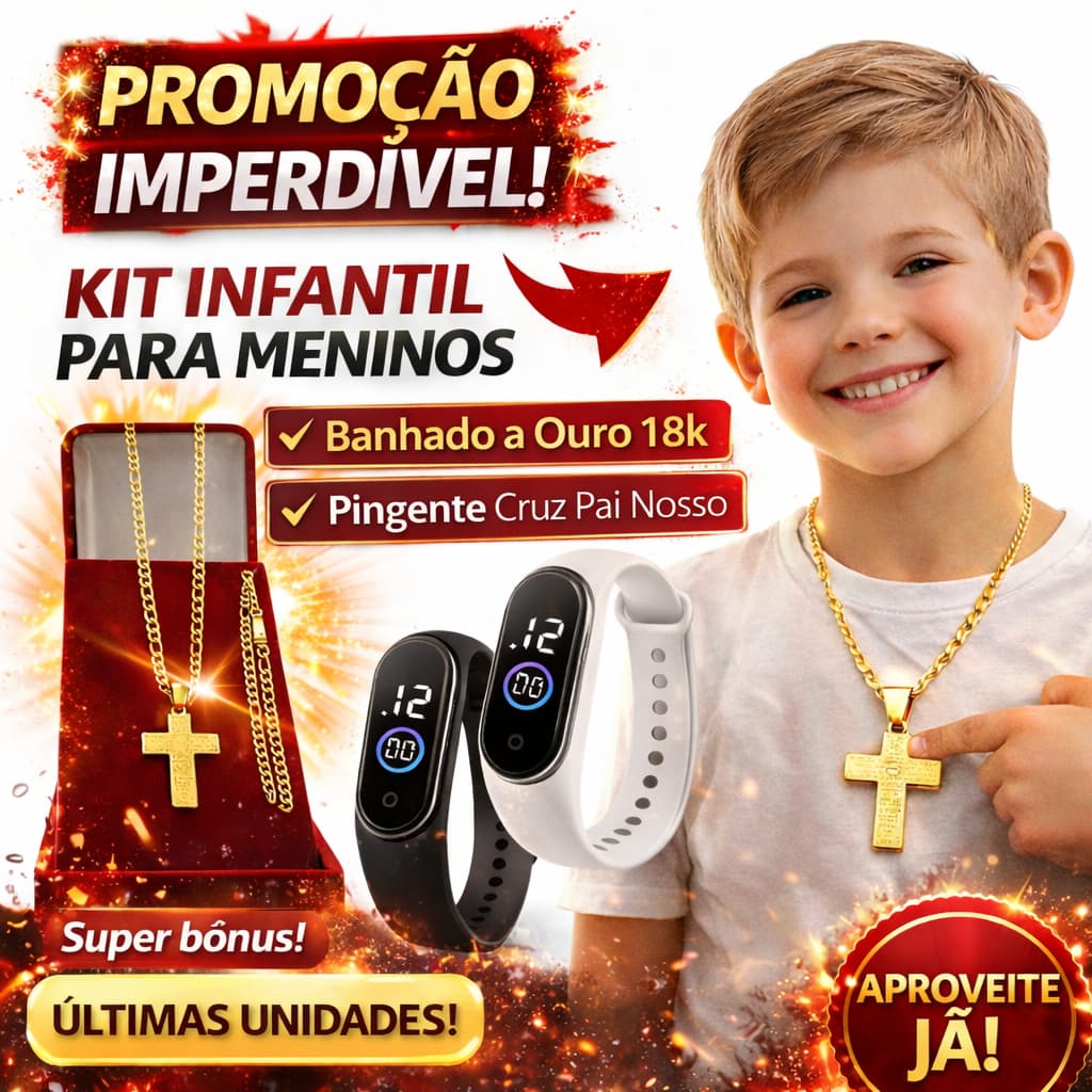 Cordão Infantil Menino Banhado Ouro 3x1 (3mm)+ Pulseira Com Pingente  Cruz Pai Nosso + 2 Relógio Digital Prova Dagua