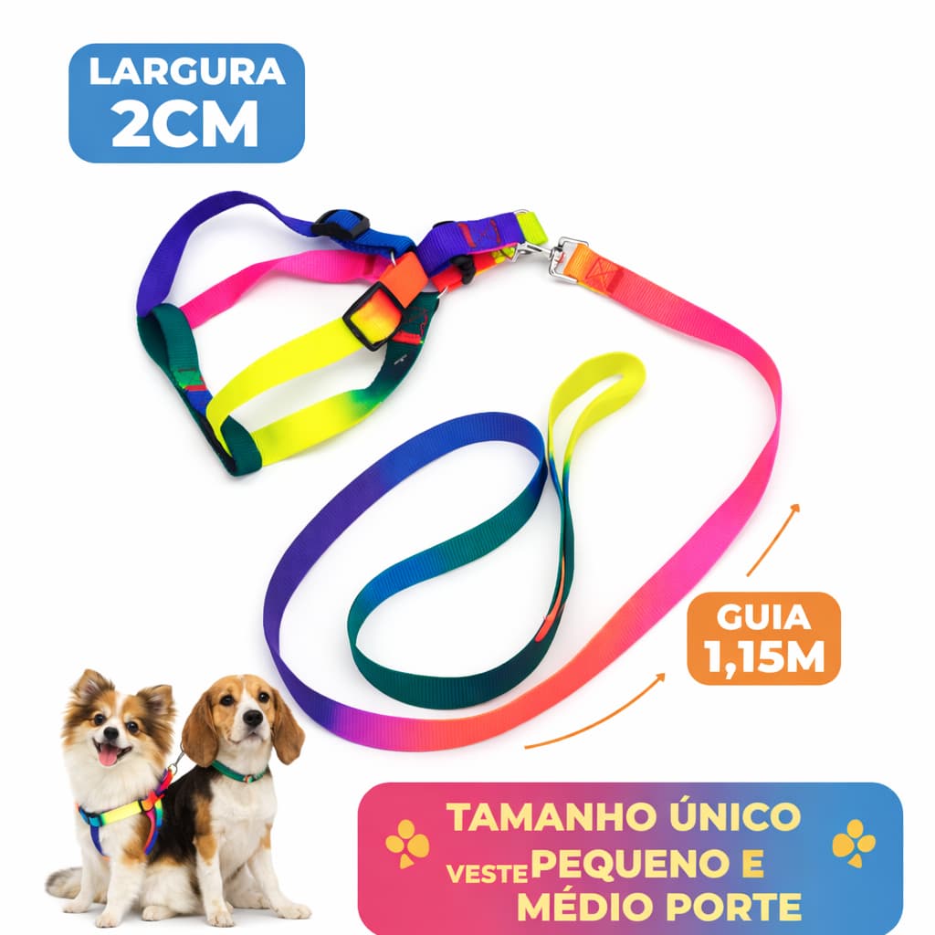 Peitoral com Guia para Cachorro 1,15m Ajustável Colorido Pequeno e Médio Porte
