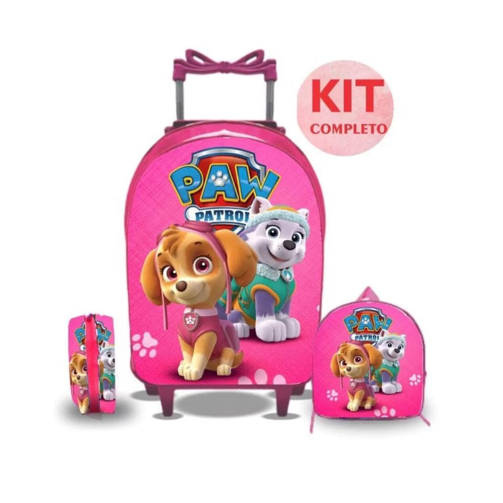 kit mochila escolar infantil lancheira e estojo skaie patrulha canina menina com rodinhas