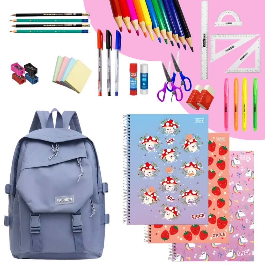 Kit Material Escolar Volta as Aulas Mochila e caderno Ensino Fundamental Médio 2026