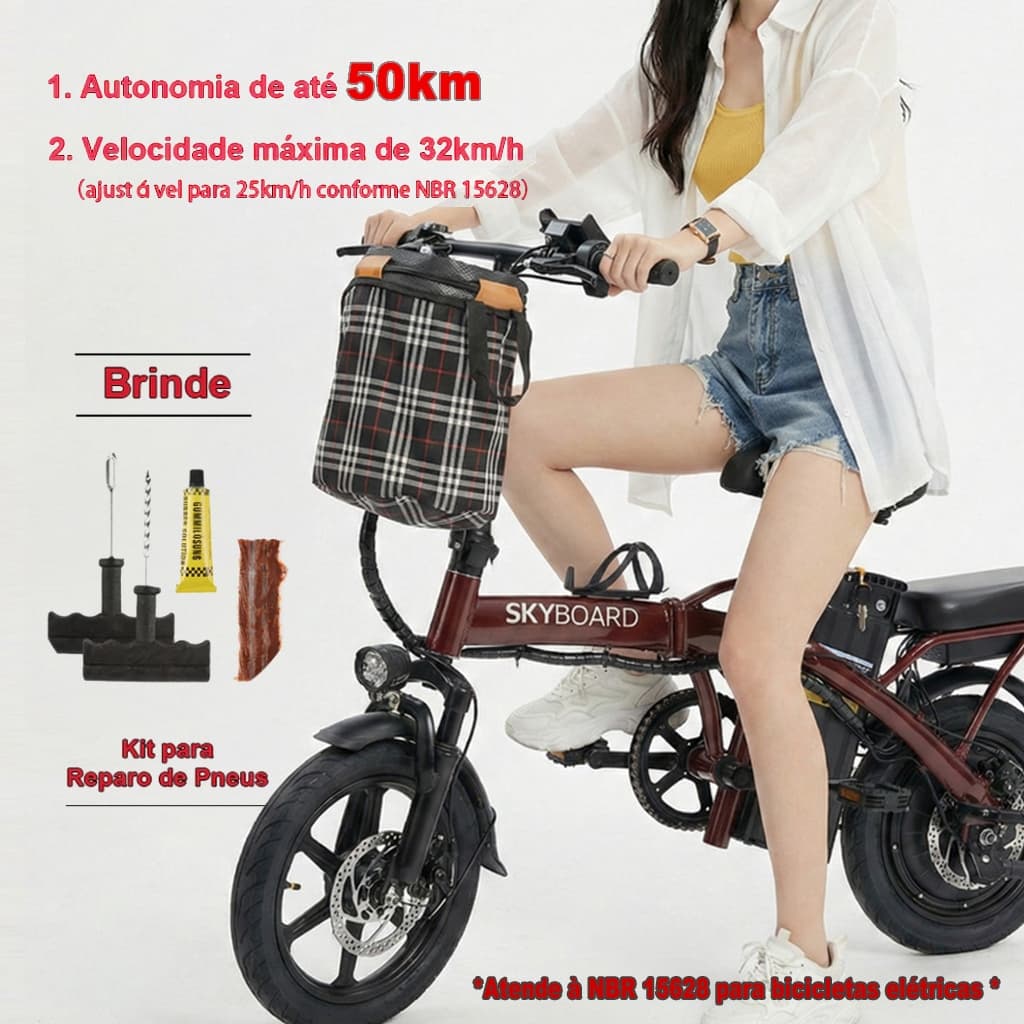 👍🔥Atualizado SKYBOARD Bicicleta Elétrica Dobrável Bivolt 48V15Ah 350W autonomia 40-45km farol LED suporte de celular