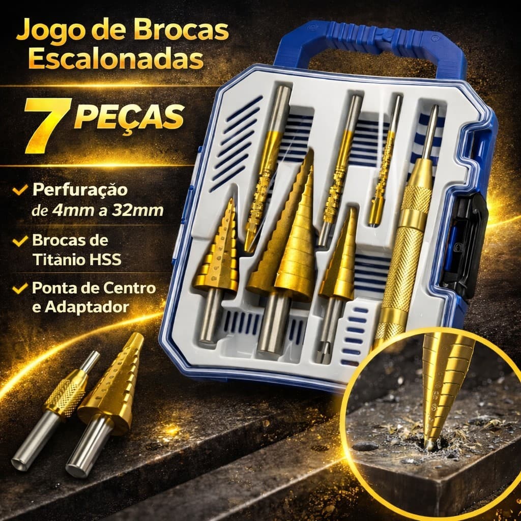 Kit 7 Brocas Escalonadas Titânio Amarelo Aço Rápido, Corte Lateral Marcador, Estojo, P/Metal Alumínio Cobre