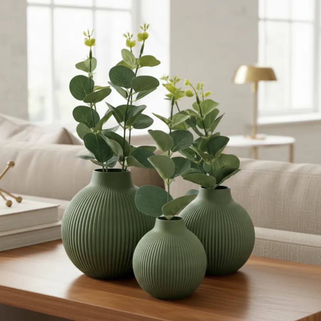 Trio De Vasos Decorativos Com Flores Artificiais Toque Real Eucalipto Verde