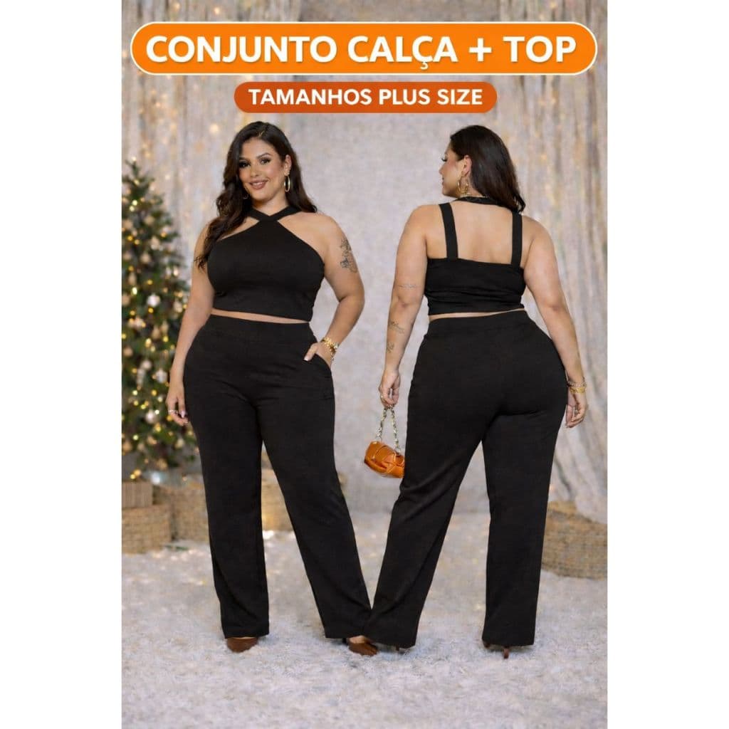 Conjunto Feminino Plus Size Malha Crepe Liverpool Premium Cropped + Calça Cintura Alta GG G1 G2