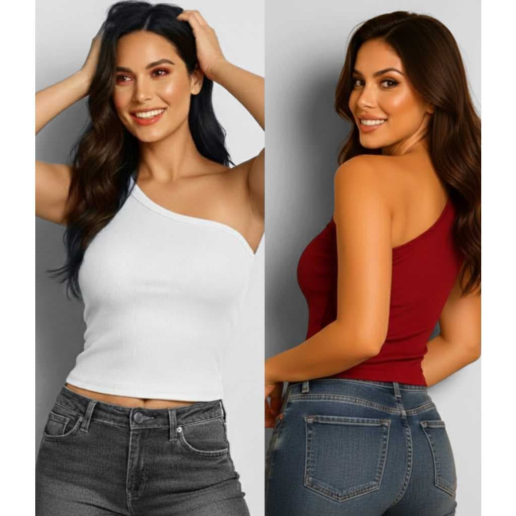 Kit 2 Blusas Cropped Feminino Um Ombro So Ribanna Canelado Moda Verao
