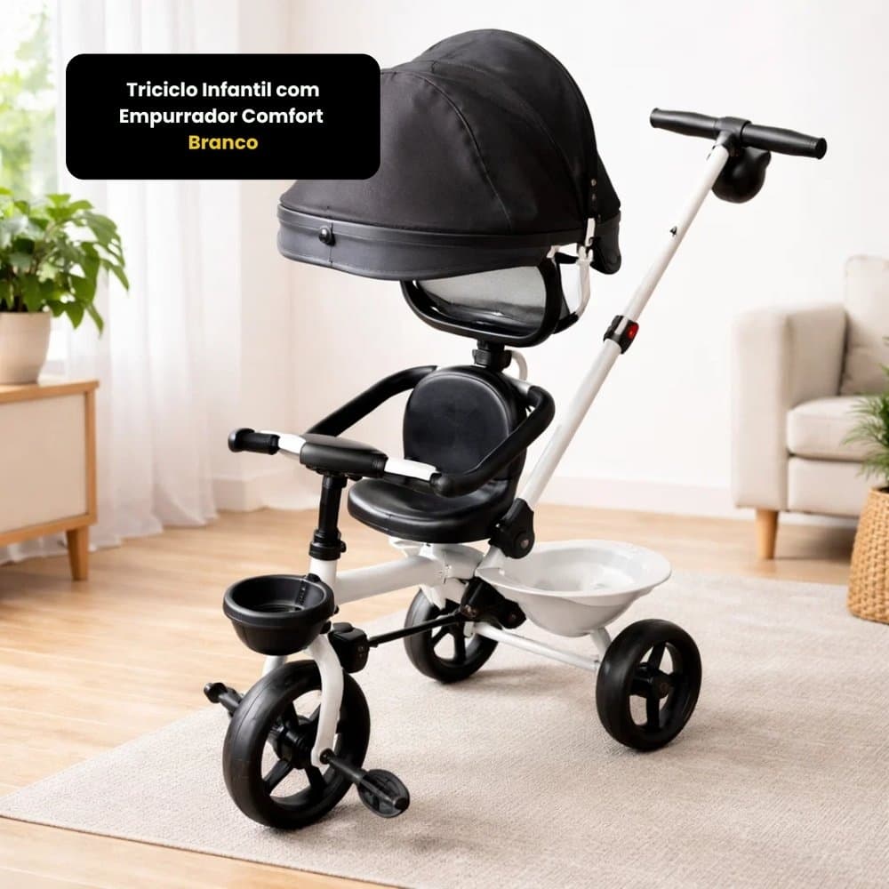 Triciclo Infantil Carrinho Bebê Empurrador Branco Capota Protege Chuva Sol Vento Passeio Ar Livre