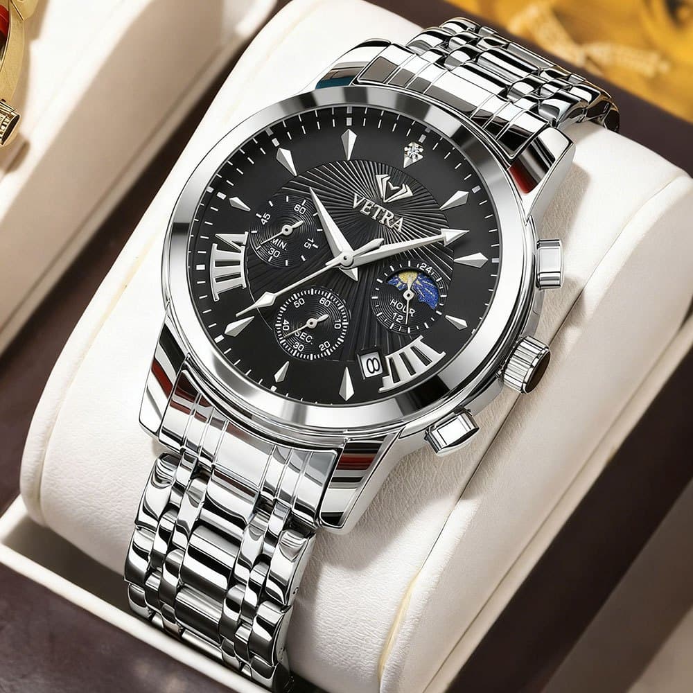 VETRA Relógio Masculino Original Relogio Multifuncional a Prova d Água Presente para Homem Aço Inoxidável Preto 2892