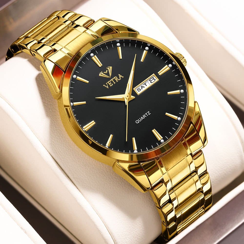 VETRA Relógio Masculino Original Relogio Luxo a Prova d Água Presente para Homem Aço Inoxidável Preto Dourado 6898