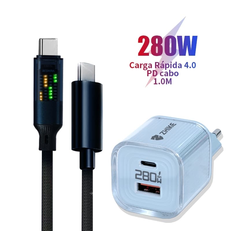 Cabo PD 1 Metro Tipo C Micro USB Carregamento Rápido 6A Adaptador Marquee Nylon Trançado Led Ligh