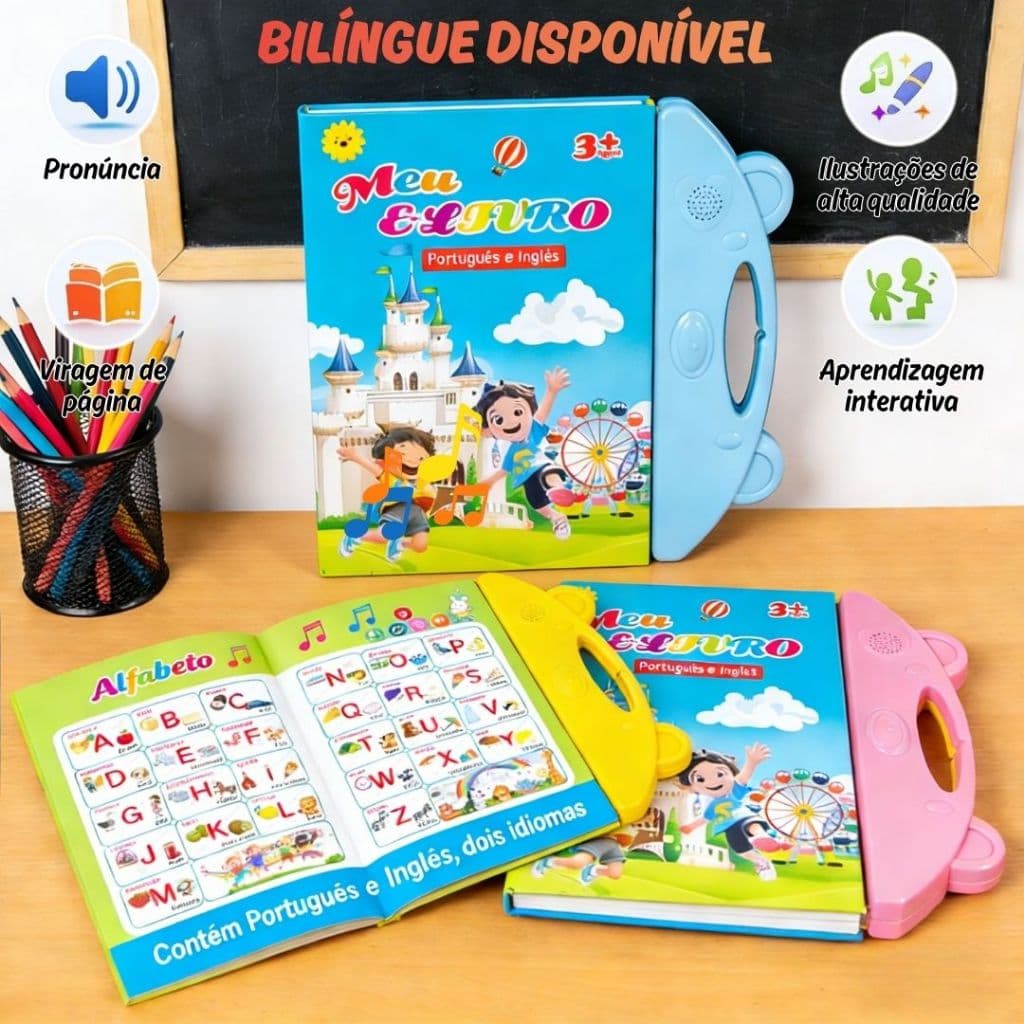 Livro Infantil Bilíngue Português Inglês Livro Interativo com Som Toque Inteligente Educativo Aprendizagem Crianças