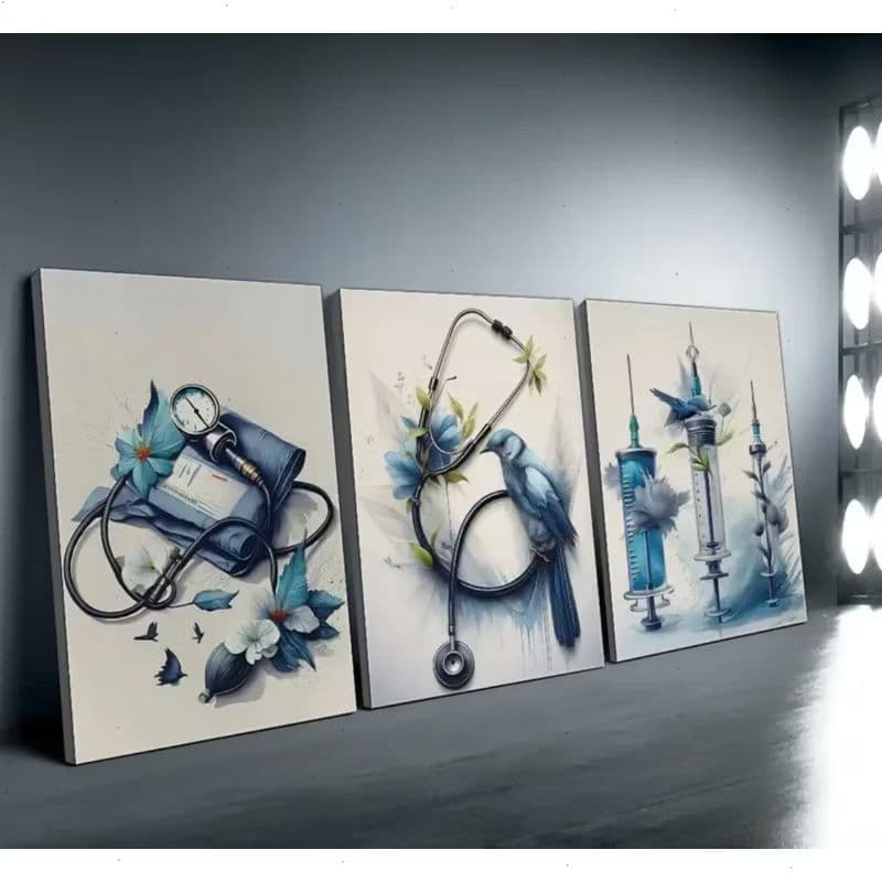 Trio de Quadros Decorativos Medicina e Enfermagem 40x60cm - Arte Azul Floral | H.E.P Decore