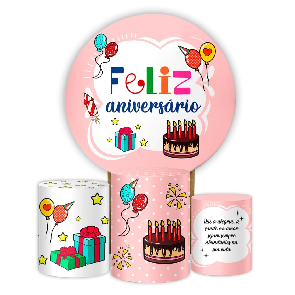 Kit Capas Painel Redondo + 3 Capas Cilindros Feliz Aniversário Montagem Veste Fácil Helanca Premium