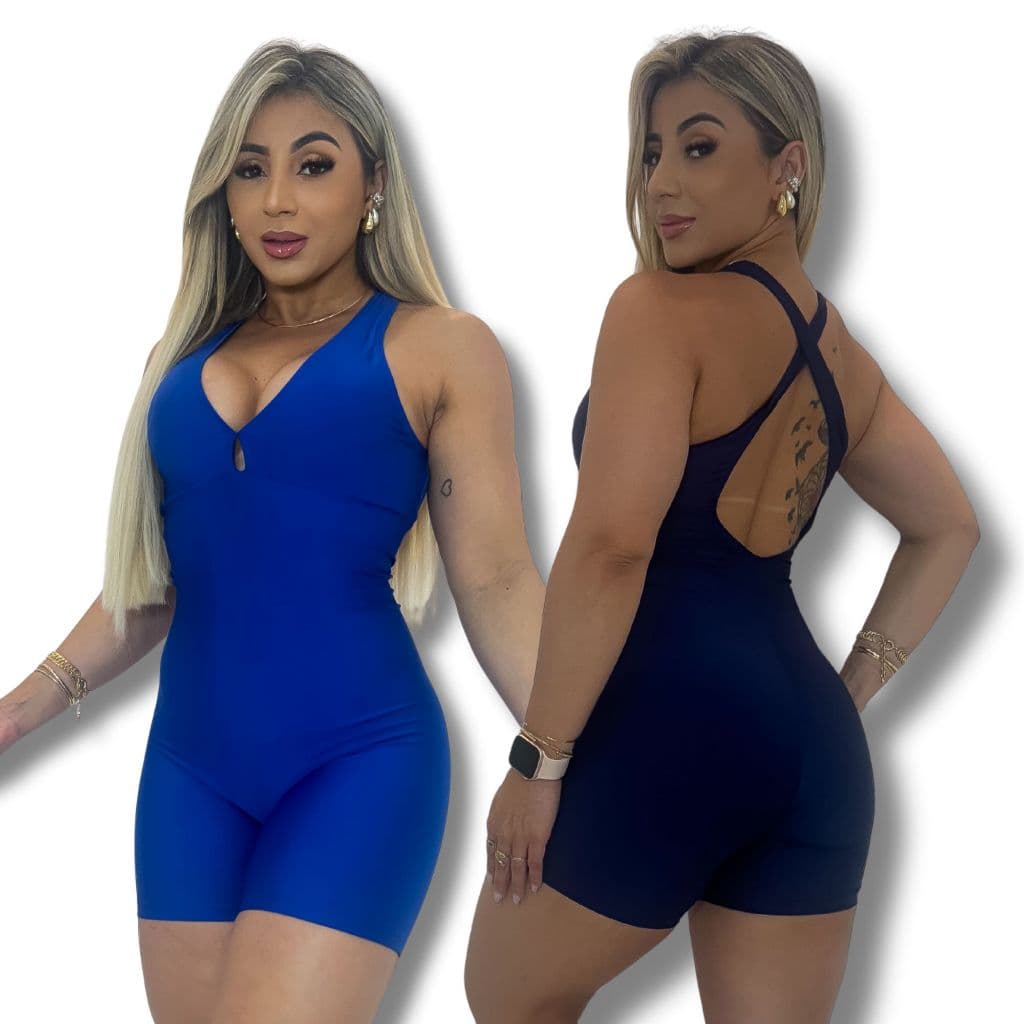 Macacão De Academia Feminino Curto Fitness Cruzadas Nas Costas Liso