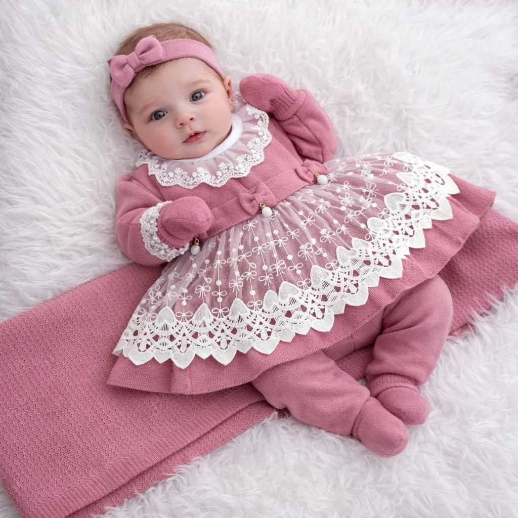 Kit Saída Maternidade Tricot 6 Peças Menina Bebê Recém Nascido Vestido Calça Manta Tiara Luvas Body