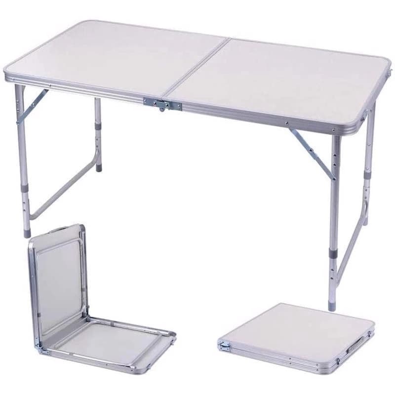 Kit Mesa Dobrável Portátil Vira Maleta Camping Churrasco 90X60cm com 2 Banquinhos Dobráveis Brancos
