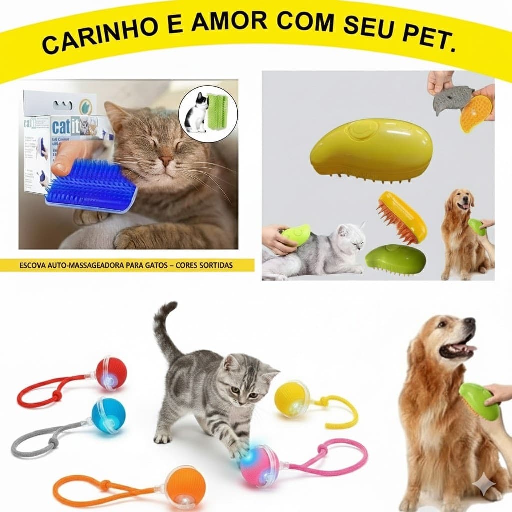 Kit Escova de Canto Coçador Cola em Móveis+Escova Solta Vapor Para Pet 110V+Bola Inteligente para Pets/Cores Sortidas