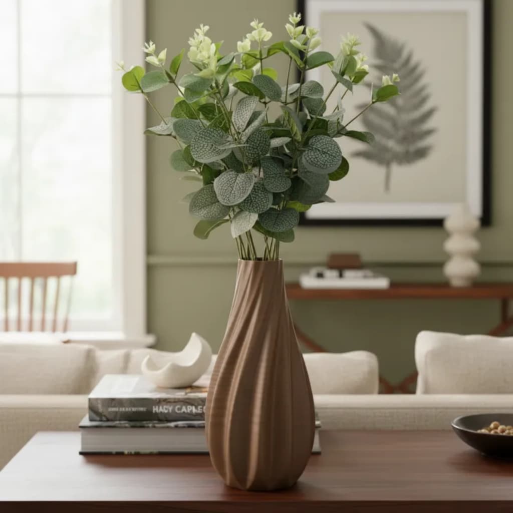 Eucalipto Flor Verde Artificial + Vaso Ondulado 21cm Decoração