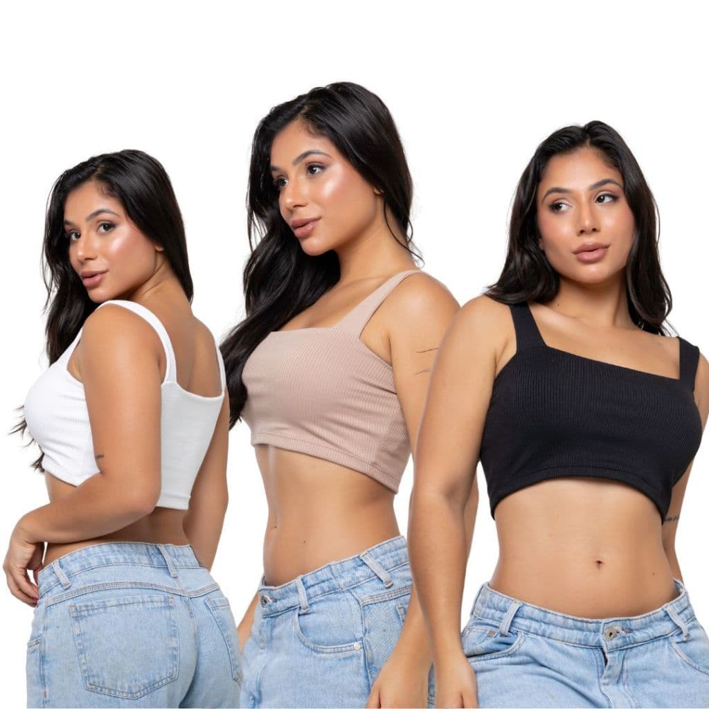 Kit 3 Tops Cropped Feminino Alça Larga em Tecido Canelado / Top Cropped Faixa Canelado Feminino
