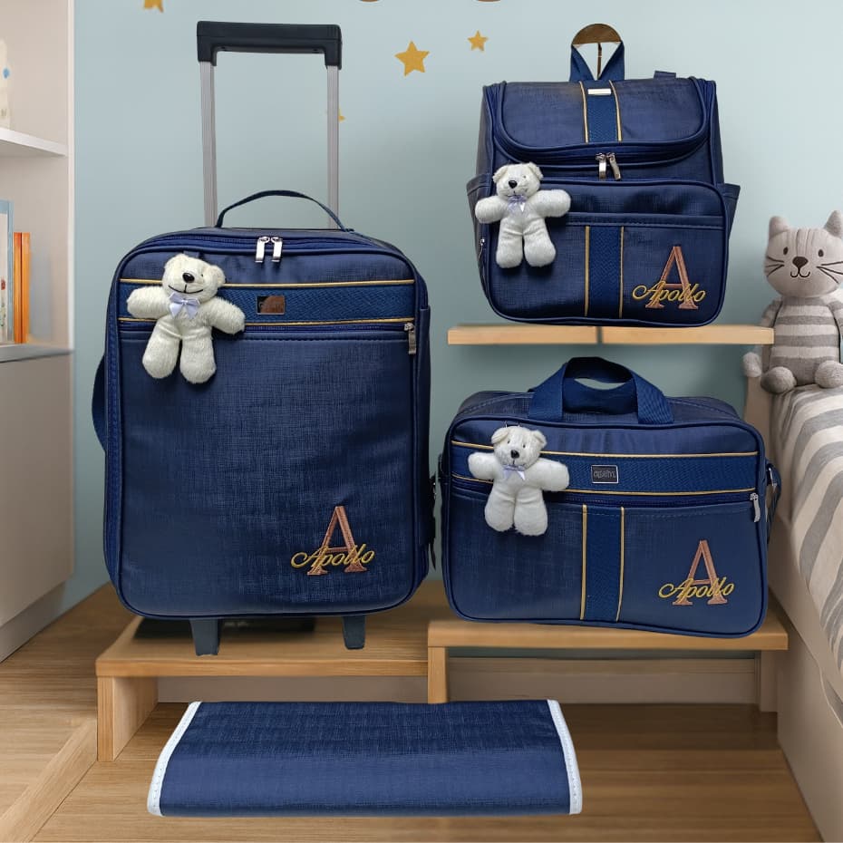 kit de bolsa de maternidade com mala de rodinha azul  marinho faixa azul com dourado
