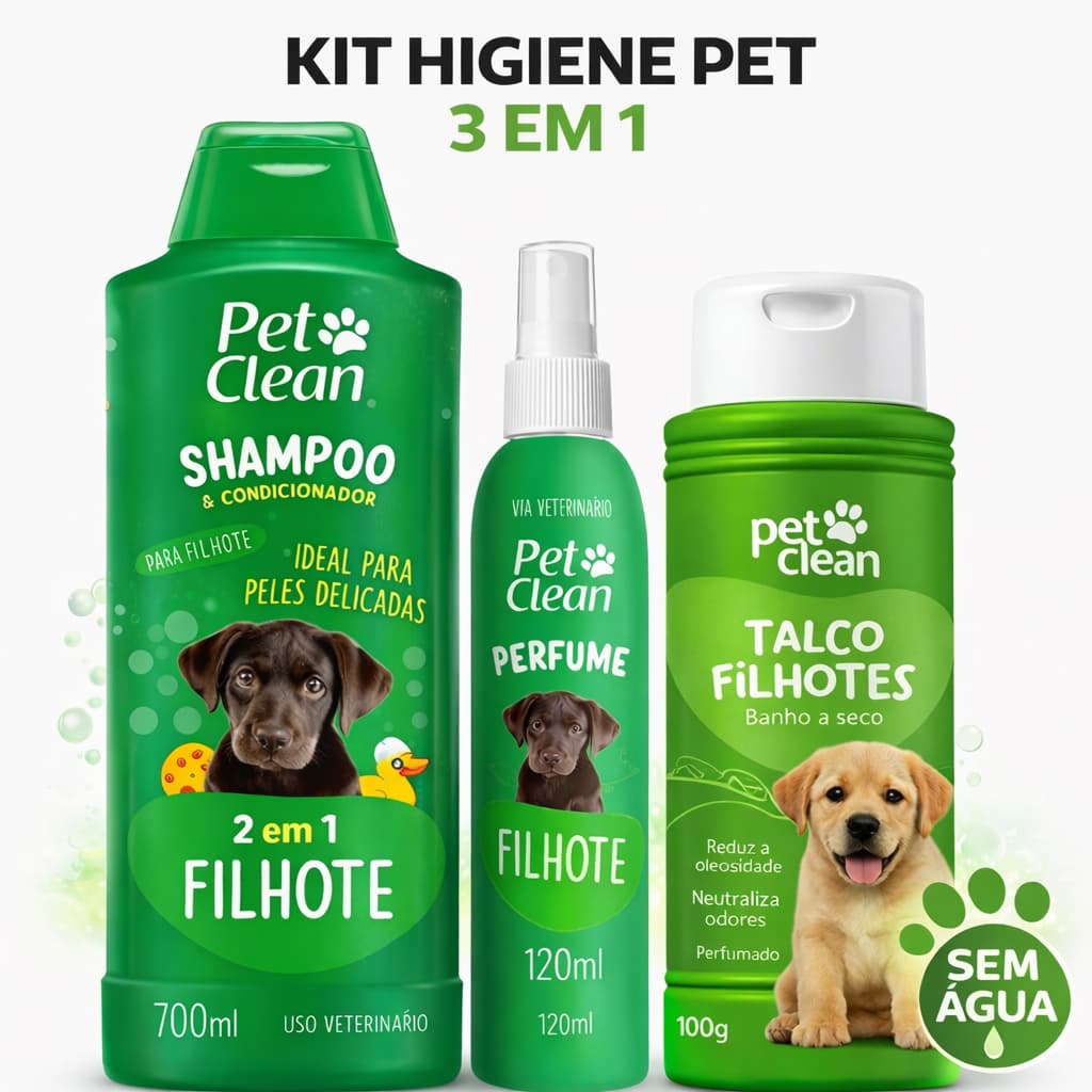 Shampoo Pet + Talco + Perfume | Kit Higiene 3 em 1 Cheirinho de Pet Limpinho cachorro e gato