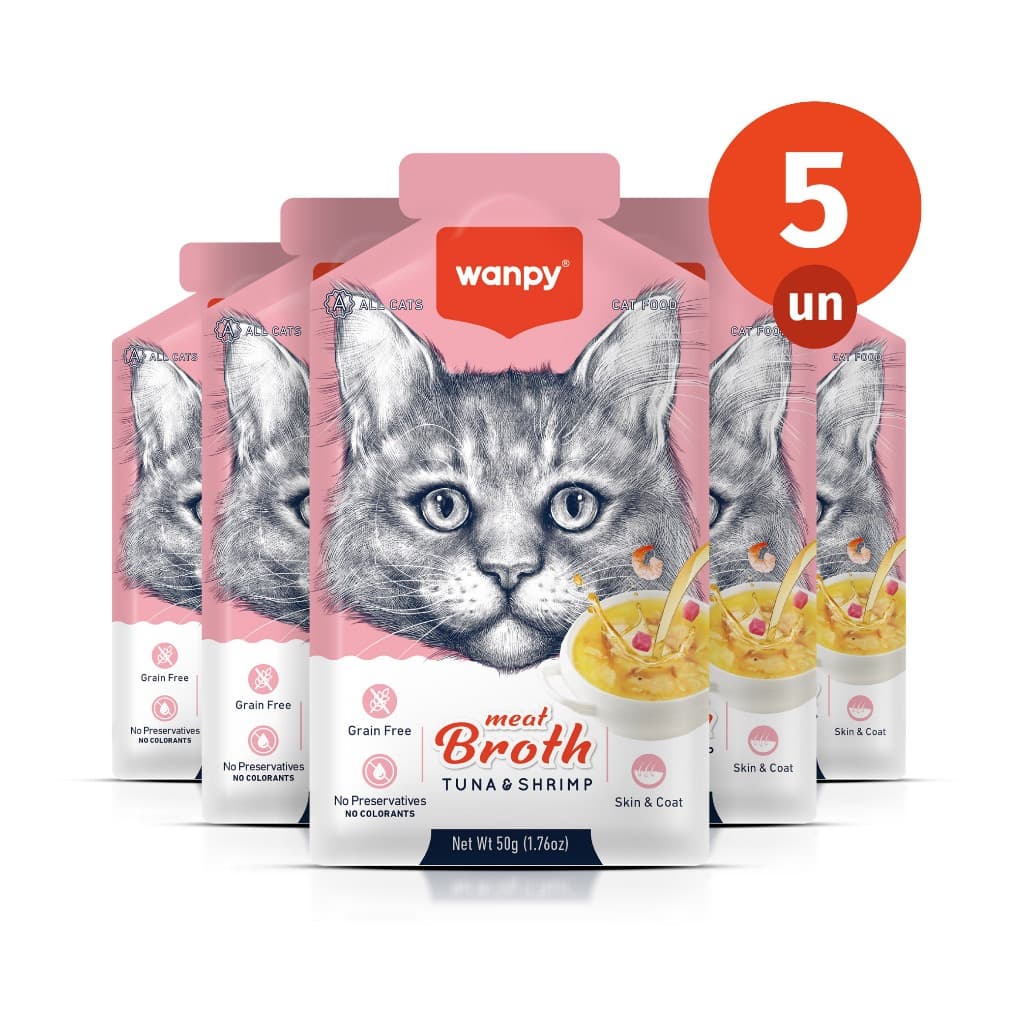 Kit 5 Truly Wanpy Petisco Sopa para Gatos Sabor Atum e Camarão 50g