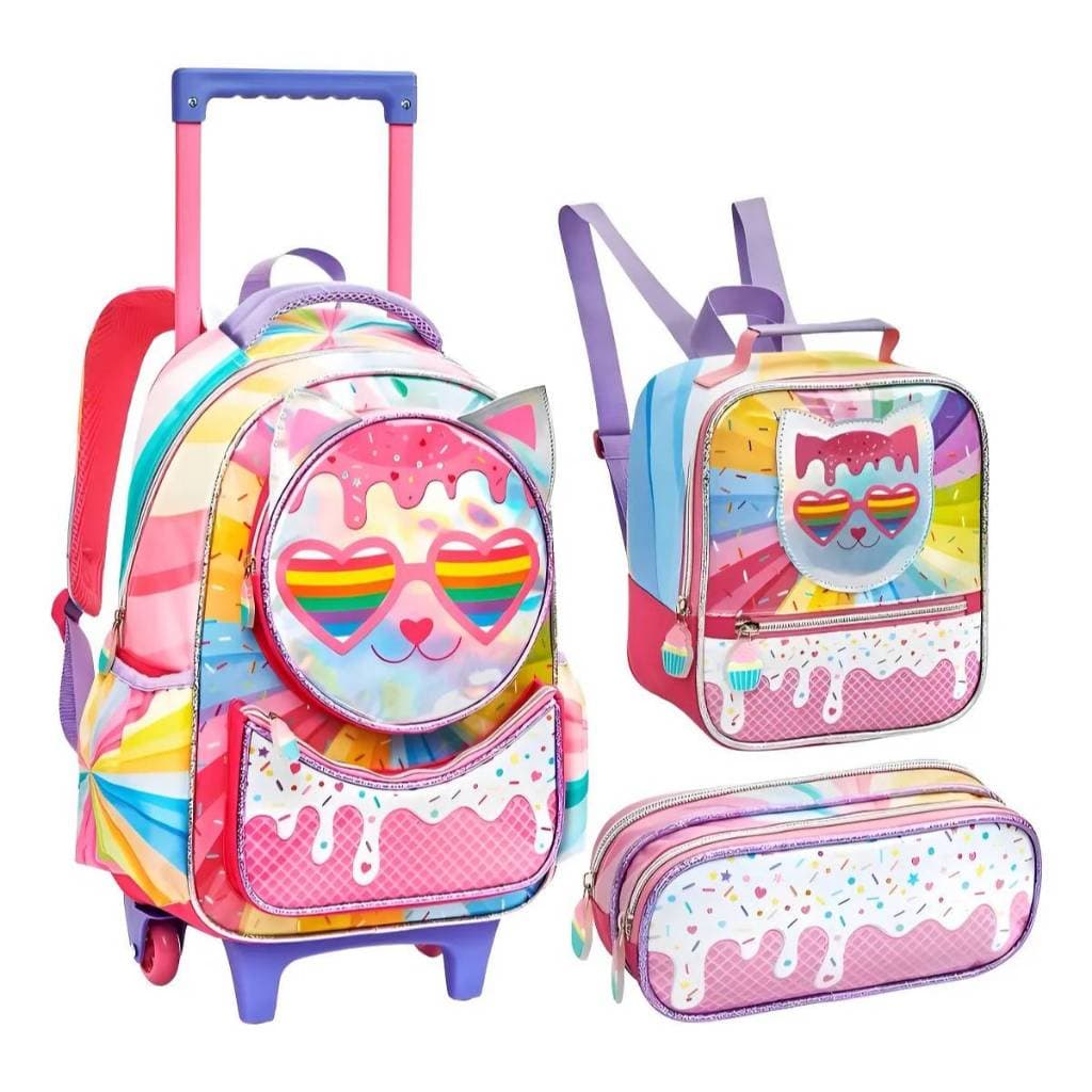 Kit Conjunto Mochila Infantil Unicornio Rodinha Lancheira Estojo