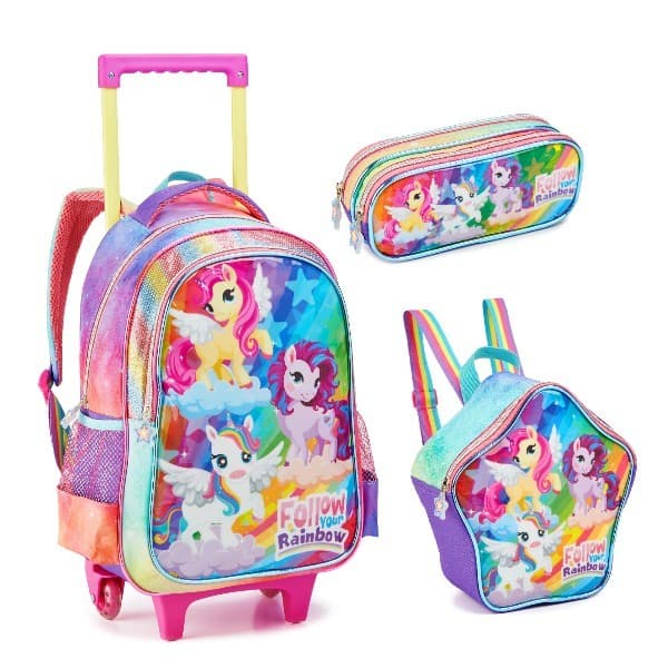 Kit Conjunto Mochila Infantil  Menina Rodinha Lancheira Estojo