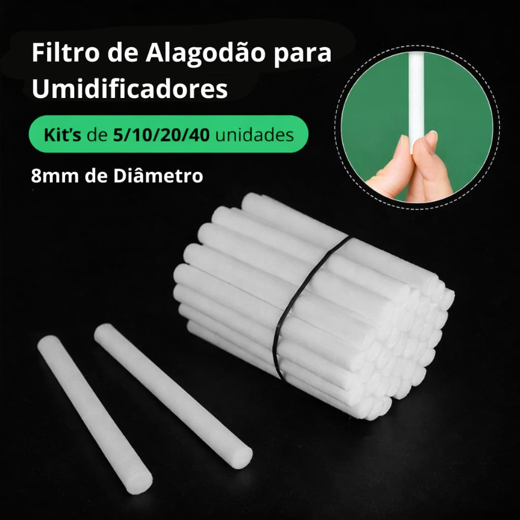 Filtros de Algodão 8mm para Umidificador Portátil USB | Refil para Difusor e Aromatizador – Kit 5/10/20