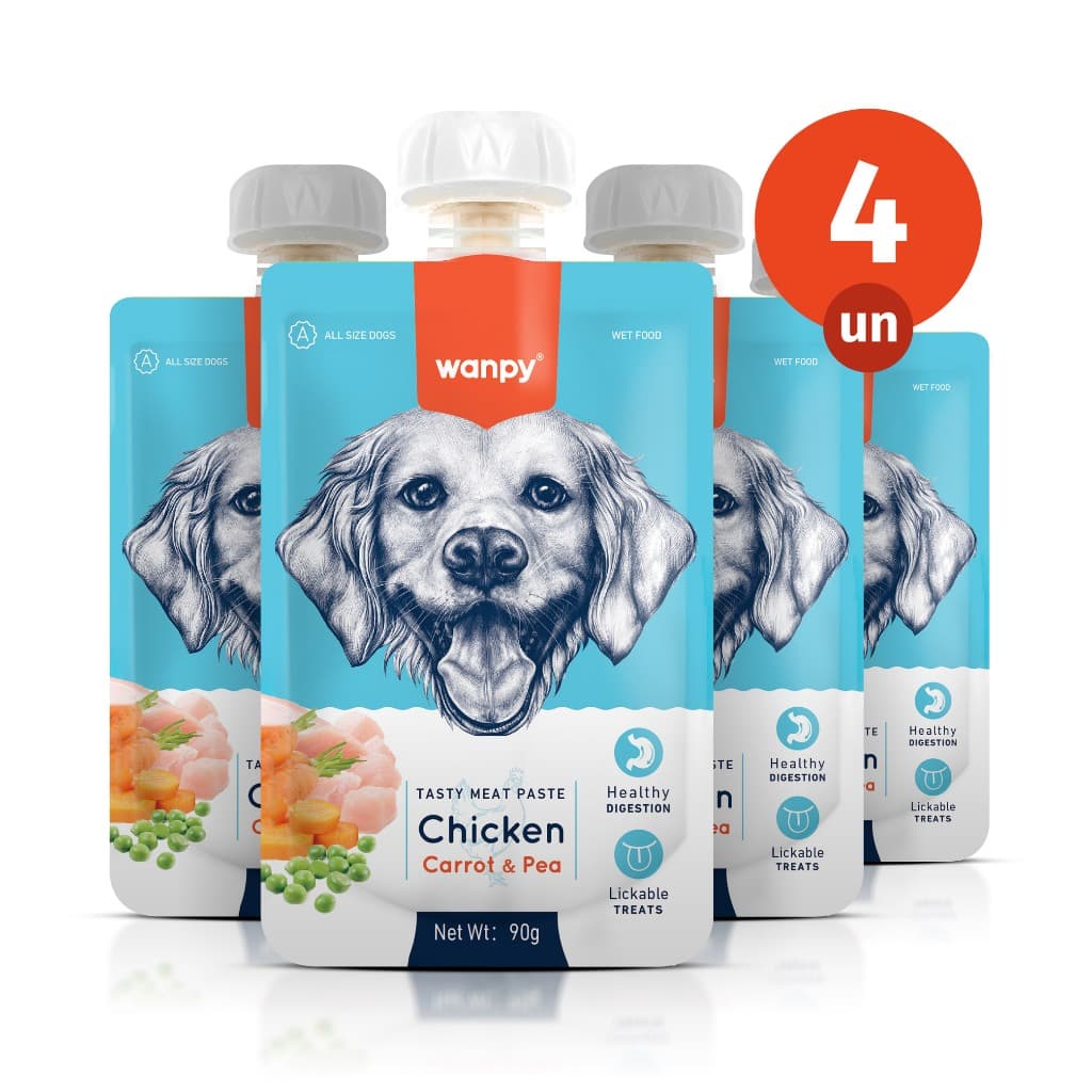 Kit 4 Truly Wanpy Petisco Creamy Sachê para Cães Sabor Frango, Cenoura e Ervilha 90g