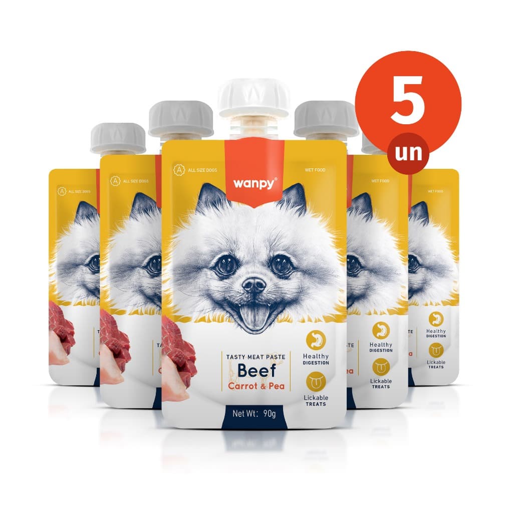 Kit 5 Truly Wanpy Petisco Creamy Sachê para Cães Sabor Carne e Cenoura 90g