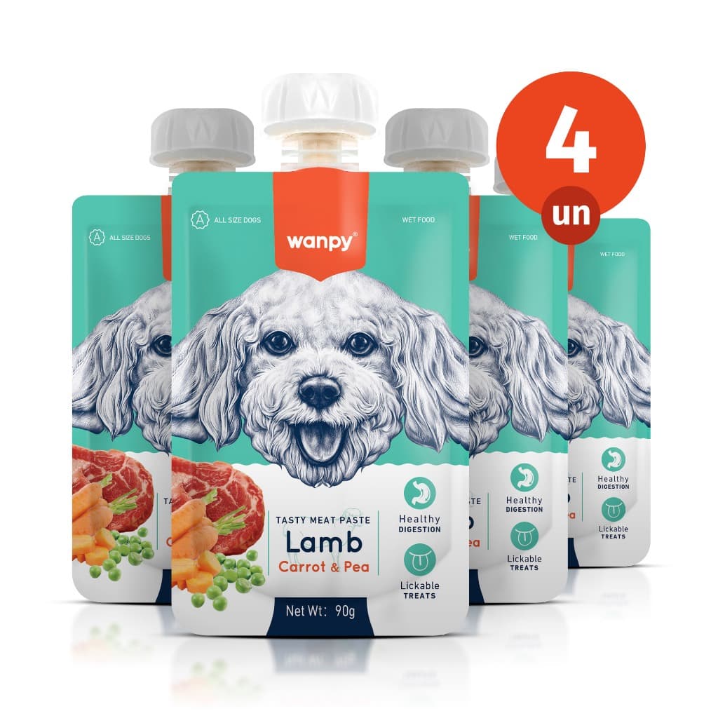 Kit 4 Truly Wanpy Petisco Creamy Sachê para Cães Sabor Cordeiro, Cenoura e Ervilha 90g