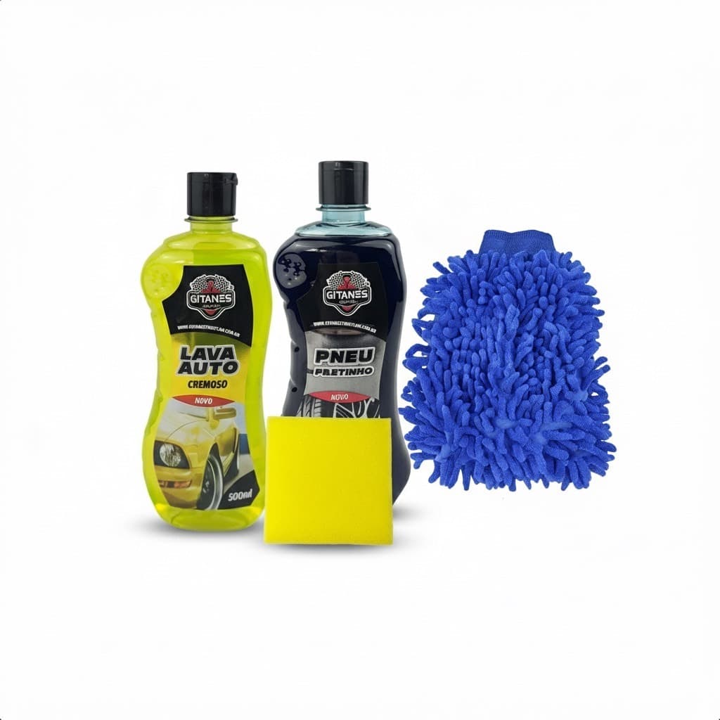 Kit Shampoo Lava Auto 500ml + Pneu Pretinho 500ml + Luva Microfibra + Esponja Aplicadora Lavagem Auto Carro Moto