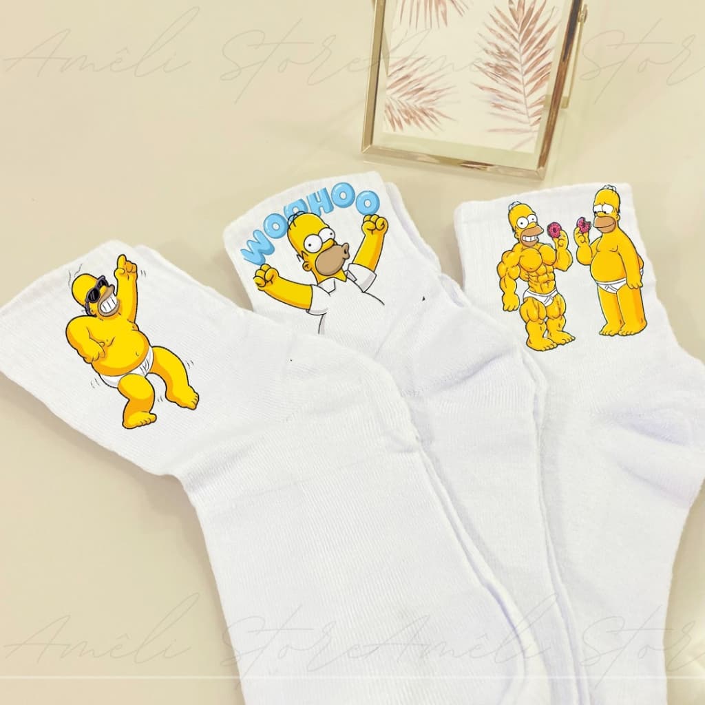 Meia Kit Os Simpsons Diversas Estampas 03 Pares Personalizados Meia Cano Alto na cor Branca