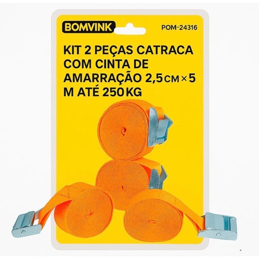 Kit 2 Cinta Catraca De Amarração 2,5m Fita Reforçada 250kg Laranja