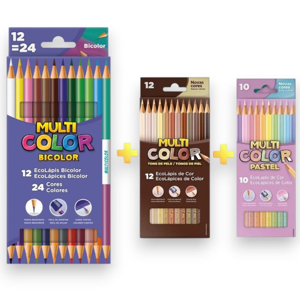Kit 46 Lápis Multicolor Bicolor 24 Lápis de Cor Bicolor + 12 Lápis Tons de Pele + 10 Lápis Pastel