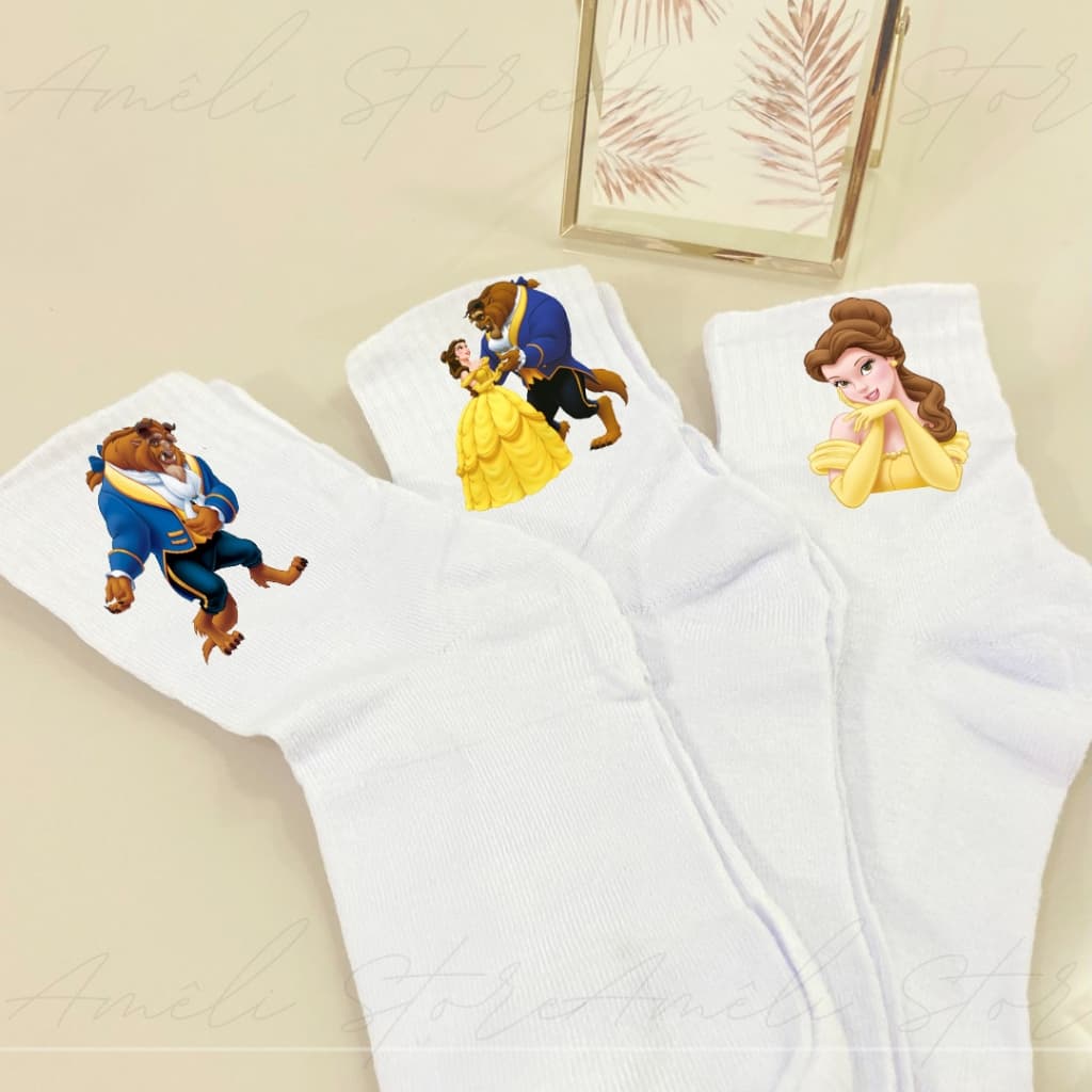 Meia Bela e a Fera Kit 03 Pares de Meias Personalizadas Cano Alto na cor Branca
