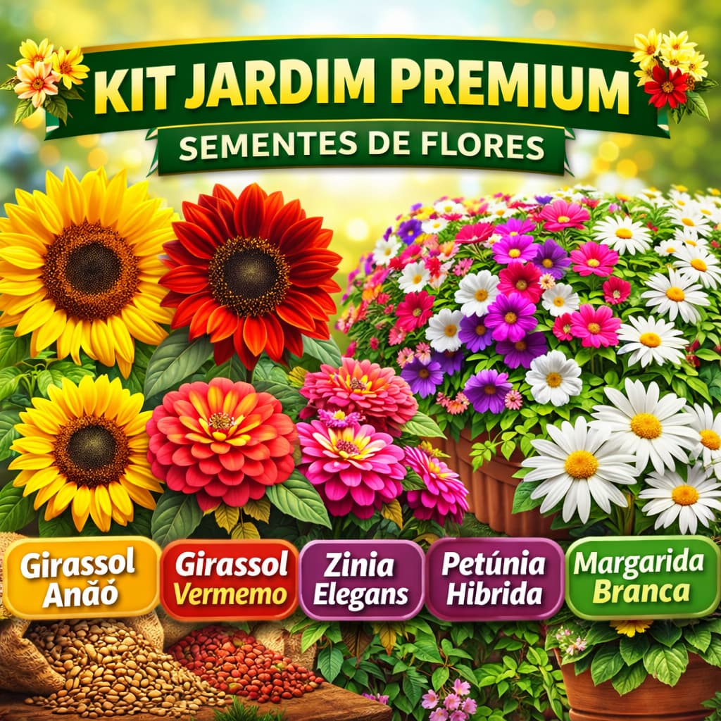Jardim Premium Flores – Girassol Anão, Zínia, Petúnia, Margarida e Girassol Vermelho
