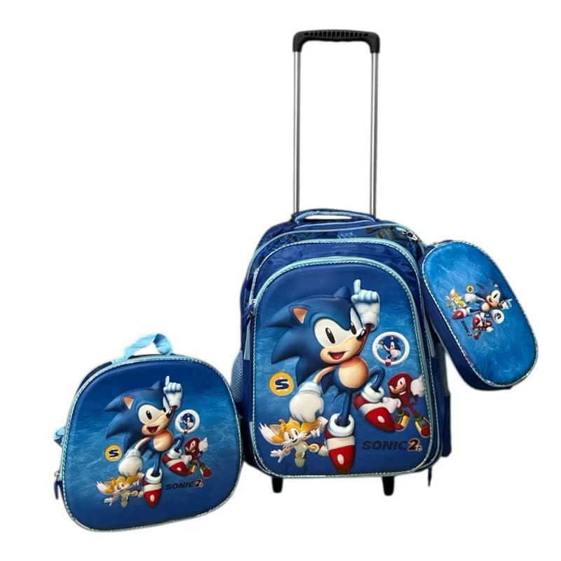 Kit Mochila (fosco )Sonic com Rodinhas 3D Alto Relevo + Lancheira + Estojo （Fosco )/12