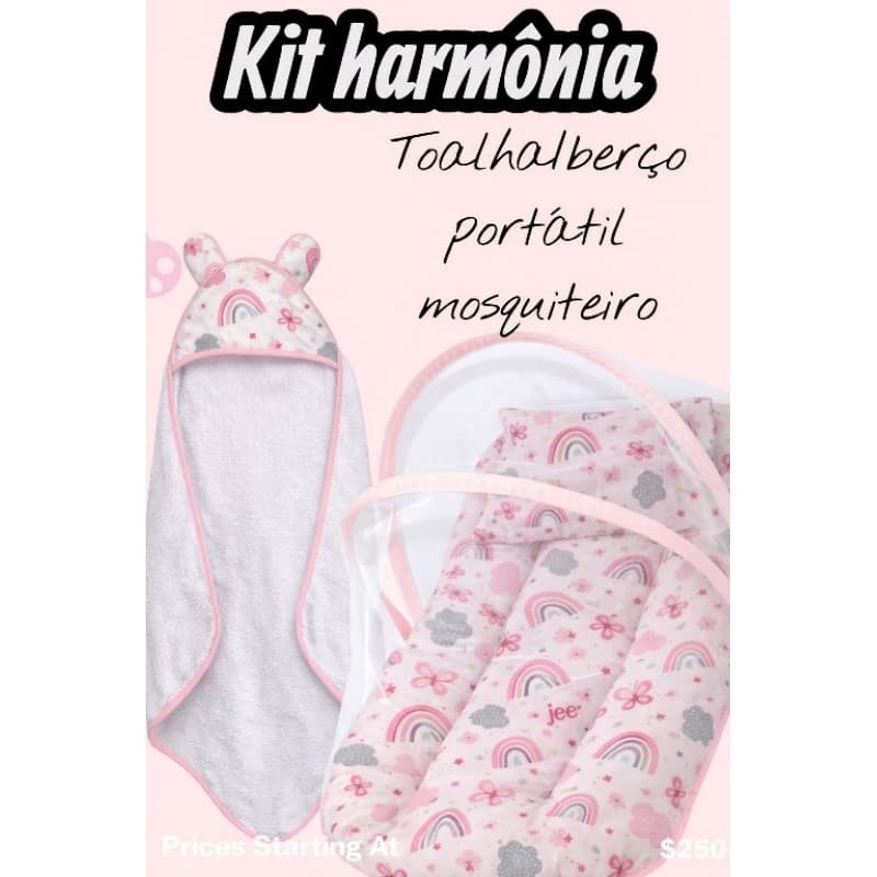 KIT HARMÔNIA NINHO BERÇO PORTÁTIL COM MOSQUITEIRO MAIS TOALHA DE CAPUZ FORRADO MACIA COM ORELHA + TRAVESSEIRO