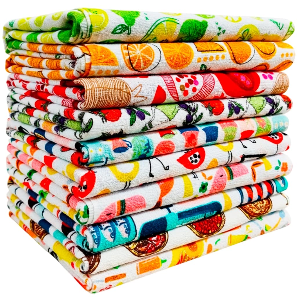 Pano de Prato 10 Unidades Camesa 35x55cm Pano Copa Estampadas Variadas Floral Frutas Legumes